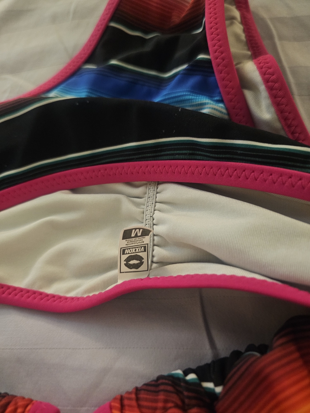 DIXXON Serape Multicolor Stripe Triangle String Bikini Medium Pink Trim - Picture 2 of 3